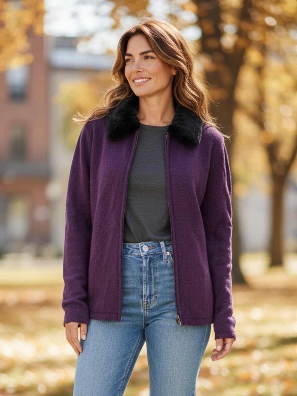 Croft & Barrow Purple Zip Front Sweater Faux Fur Collar Cardigan Large Y2K Luxe